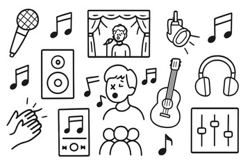 Music Doodle Elements. Hand-drawn doodle illustration sing stores microphone, music notes, stage, spotlight, speaker, sheet music,