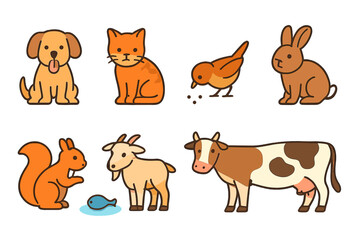 Playful Animal Icons. Flat vector mini-illustrations hunger and animals in colors children's illustrations: hungry dog, stray cat,
