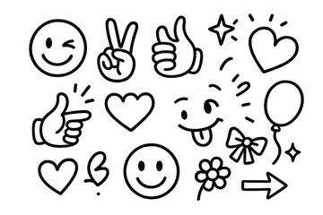 Playful Doodle Icons. Hand-drawn doodle illustration winking playful gestures wink eye, peace sign, thumbs up, tongue out, finger