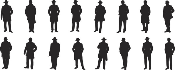 Silhouette Vector of Men in Coats and Hats Standing in Various Poses – Business, Detective, Retro Style Concept Illustration