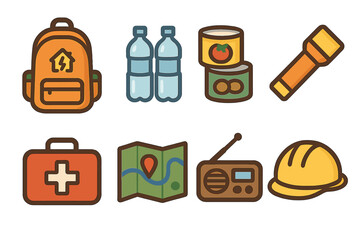Quake Preparedness Icons. Flat vector mini-illustrations quake preparedness in colors children's illustrations: emergency backpack