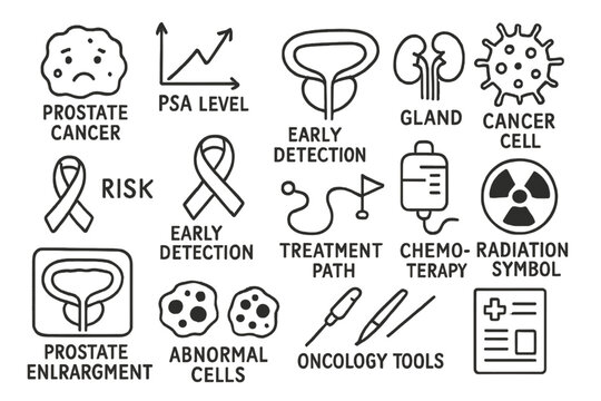 Prostate Cancer Awareness Icons. Hand-drawn doodle illustration prostate cancer tumor icon, PSA level chart, biopsy needle, gland