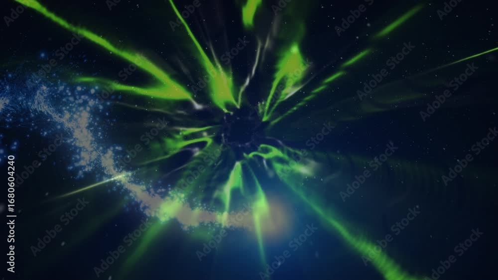 Poster animation of digital light stripes and sparks moving in seamless loop over black background