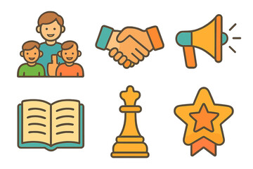 Icons of Social Leadership. Flat vector mini-illustrations social dominance in colors children's illustrations: group leader,