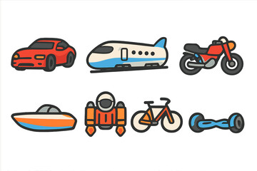 Fototapeta premium Speedy Transport Icons. Flat vector mini-illustrations transportation speed in colors children's illustrations: sports car, bullet