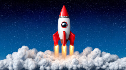 Cartoon Rocket Launching Through Clouds At Night