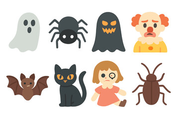 Nightmare Creatures Grid. Flat vector mini-illustrations nightmare creatures in colors children's illustrations: ghost, spider,