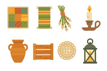 Rustic Decor Icons. Flat vector mini-illustrations rustic decor in colors children's illustrations: patchwork quilt, woven rug,