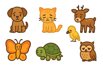 Fototapeta premium Sad Animal Illustrations. Flat vector mini-illustrations sorrow in animals in colors children's illustrations: sad puppy, crying