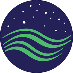 Minimalist circular logo with green rolling hills under a starry night sky, abstract vector illustration for nature or eco concepts