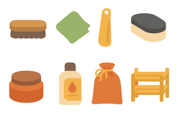 Shoe Care Icons. Flat vector mini-illustrations shoe care accessories in colors children's illustrations: shoe polish brush,