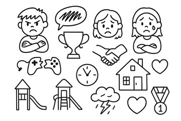 Siblings Rivalry Icons. Hand-drawn doodle illustration siblings rivalry jealousy angry face, sad face, broken toy, crossed arms,