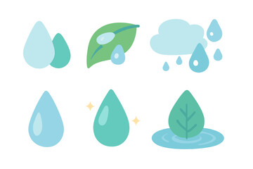 Tearful Nature Icons. Flat vector mini-illustrations tears in nature in colors children's illustrations: dew drops, raindrops on