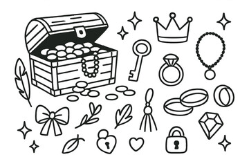 Fototapeta premium Silver Treasure Doodles. Hand-drawn doodle illustration silver treasures treasure chest, silver coins, crown, necklace, ring,