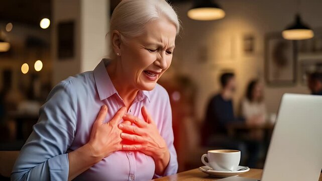 Senior woman suffering from a sudden heart attack, clutching her chest in pain in various locations