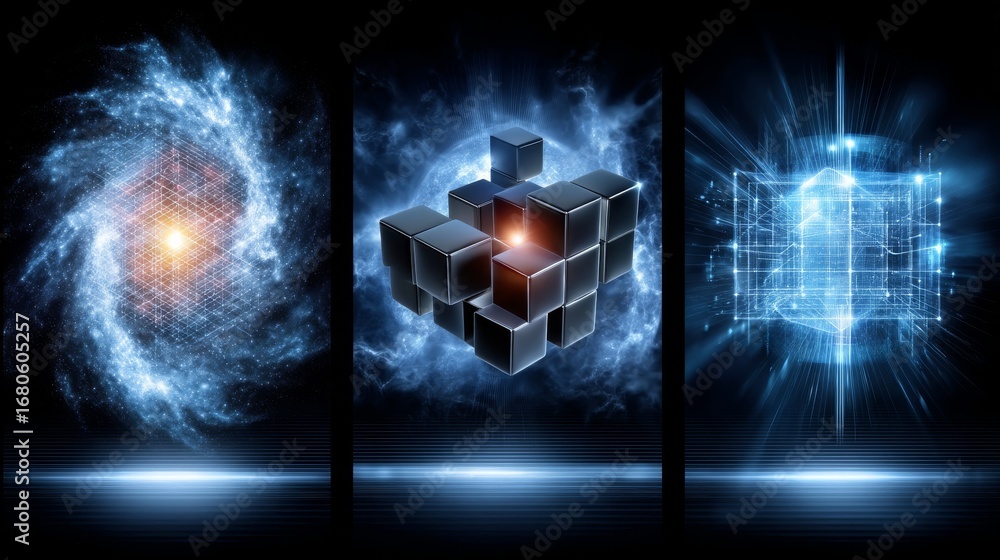 Poster cosmic quantum triptych nebulae, cubes, and glowing data structures