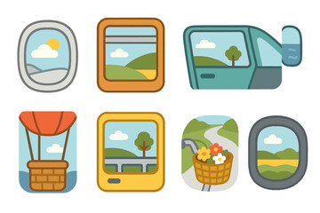 Obraz premium Vehicle Window Views. Flat vector mini-illustrations views from vehicles in colors children's illustrations: airplane window,