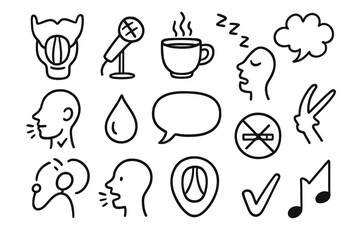 Voice Health Doodles. Hand-drawn doodle illustration voice health larynx, vocal cords, mic icon, warm tea, vocal rest icon, steam