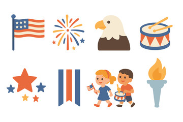Fototapeta premium Patriotic Children's Icons. Flat vector mini-illustrations patriotic fireworks in colors children's illustrations: flag, firework