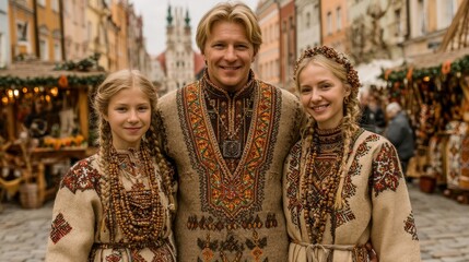 Fototapeta premium Happy lithuanian family in traditional embroidered clothing at a vibrant market street display
