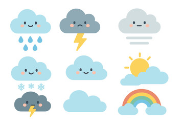 Weather Icon Grid. Flat vector mini-illustrations weather with clouds in colors children's illustrations: rainy cloud,