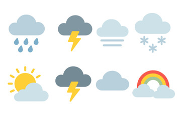 Obraz premium Weather Icon Grid. Flat vector mini-illustrations weather with clouds in colors children's illustrations: rainy cloud,