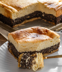 Christmas layered cake with poppy seeds and cottage cheese, cheesecake on top, poppy seed cake on the bottom and shortcrust pastry
