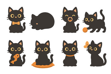 Obraz premium Playful Cats & Owls. Flat vector mini-illustrations cute black cat in colors children's illustrations: black cat with bow tie,