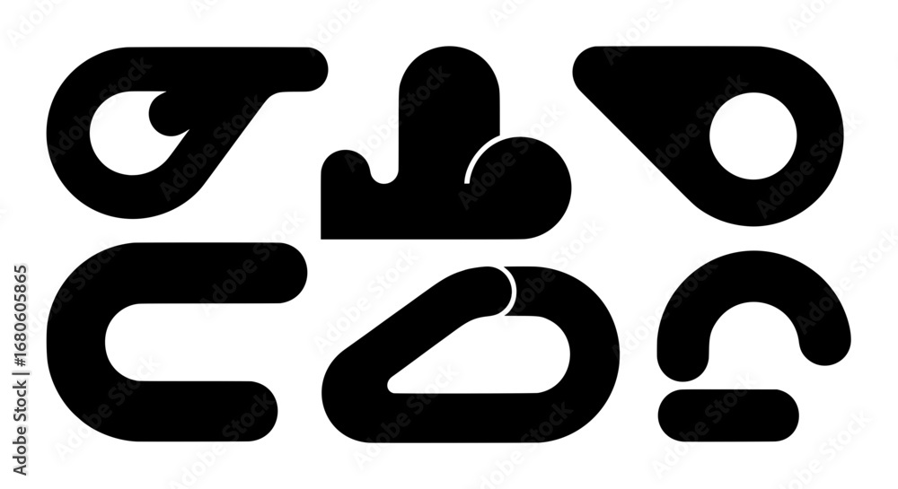 Poster a collection of isolated black abstract shapes with bold lines and rounded corners. these modern vec
