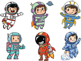 Cute cartoon astronaut kids illustration set in colorful space suits, outer space design for children’s book, nursery art, educational posters