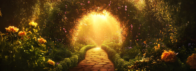 Mystical Garden Path Surrounded by Nature and Light,

Golden Hour in Enchanted Garden with Scenic Pathway