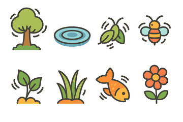 Vibrant Nature and Medical Icons. Flat vector mini-illustrations nature vibrations in colors children's illustrations: tree