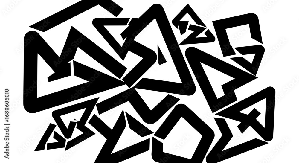 Poster a bold black and white abstract illustration with a dynamic tangle of geometric shapes and lines wit