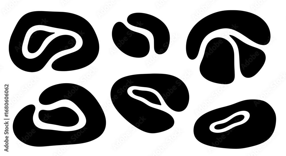 Poster a set of various black abstract and amorphous shapes with fluid inner spaces. modern minimalist vect