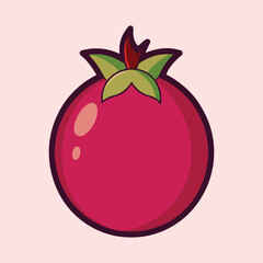Cartoon illustration of a rounded red fruit with green leaves on top