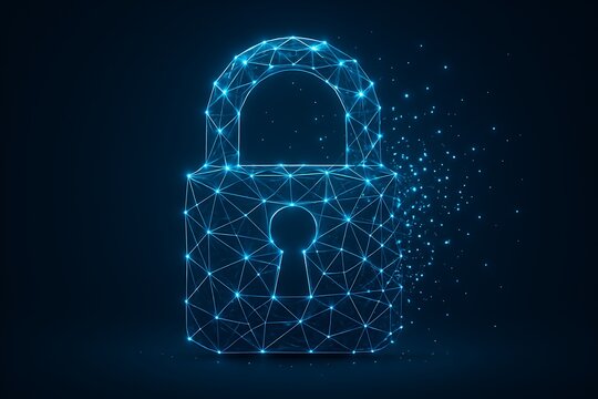 Futuristic glowing lock digital cybersecurity innovation data protection concept showing secure technology internet access information encryption system privacy firewall cloud background security