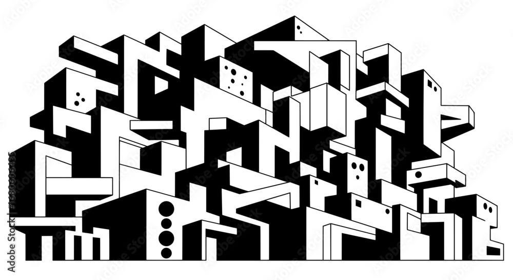 Poster a chaotic black and white vector illustration of a futuristic, dense urban structure made of interlo