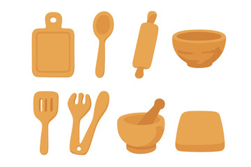 Wooden Kitchen Tools. Flat vector mini-illustrations wooden kitchen items in colors children's illustrations: cutting board,