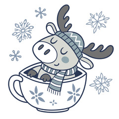 Frosty Winter colored Moose with a Peaceful touch, placed in a Cozy winter theme and styled with in a teacup