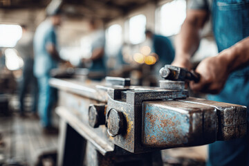 Close-up of a sturdy vice on a rustic workbench with craftsmen focused on their craft in a workshop