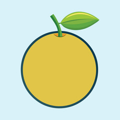 Stylized cartoon orange with green stem and leaf on light blue background