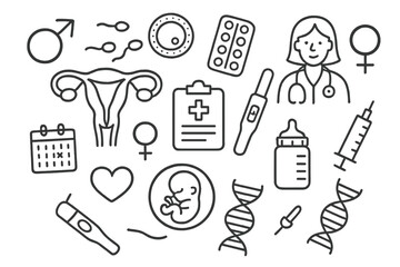 Reproductive Health Sketch. Hand-drawn doodle illustration Sexual health and reproduction sperm, egg cell, contraception pill,