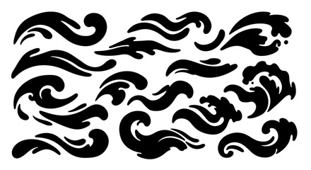 Fototapeta premium Collection of stylized ocean wave and water splash silhouettes. This set of abstract black vector swirls is perfect for tattoo design, prints, and decoration.