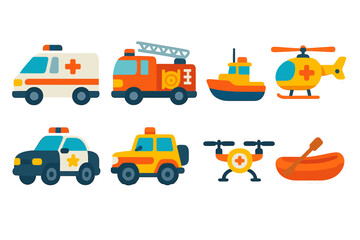 Rescue Vehicle Icons. Flat vector mini-illustrations rescue vehicles in colors children's illustrations: ambulance, fire truck,