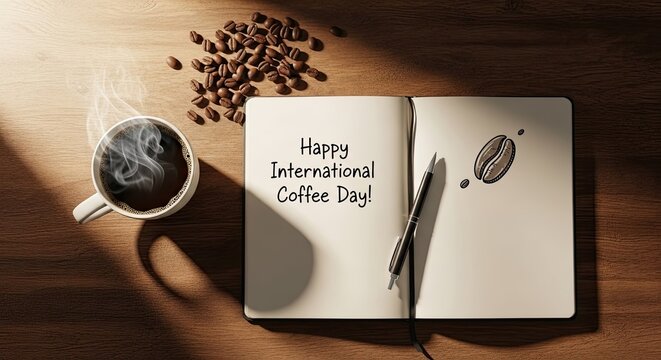 Photo of happy international coffee day message on a notebook with a cup of coffee and coffee beans on a wooden table, top view