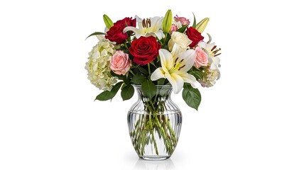 A vibrant bouquet of red roses, pink roses, white lilies, and white hydrangeas arranged in a clear glass vase, isolated on a white background.