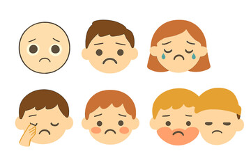 Sadness Emoji Icons. Flat vector mini-illustrations sadness facial expressions in colors children's illustrations: sad eyes, frown