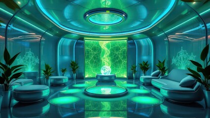 A futuristic lounge with glowing neon lights and plants surrounding a central energy display sphere