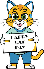 Joyful cartoon cat celebrating international cat day holding a festive banner