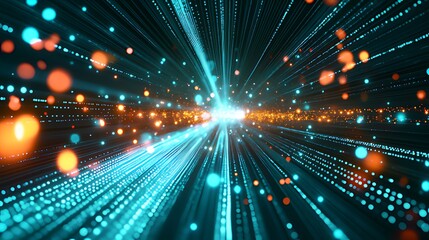 Abstract Digital Background with Orange/Gold/Blue/Purple Bokeh, Wavy Pattern, Grid Pixels on Dark Blue